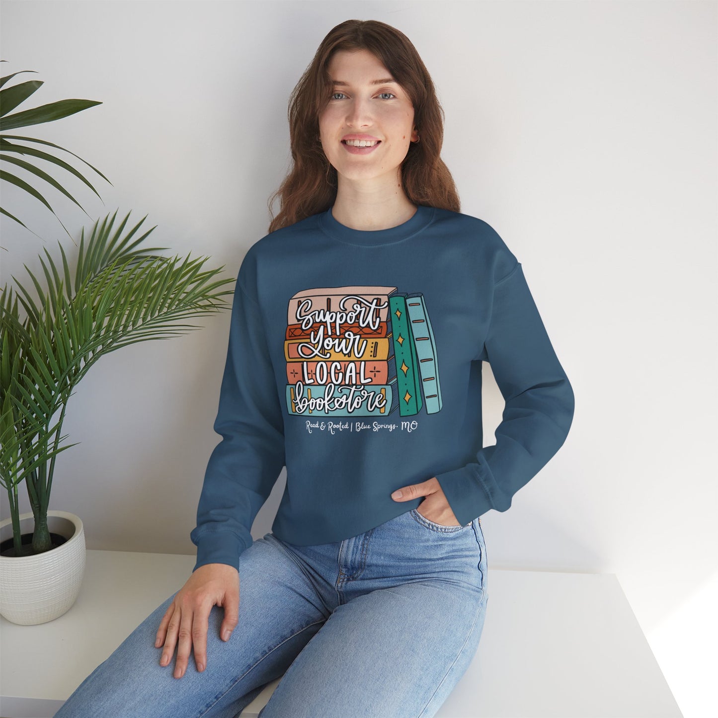 Support Your Local Bookstore Book Stack Crewneck Sweatshirt