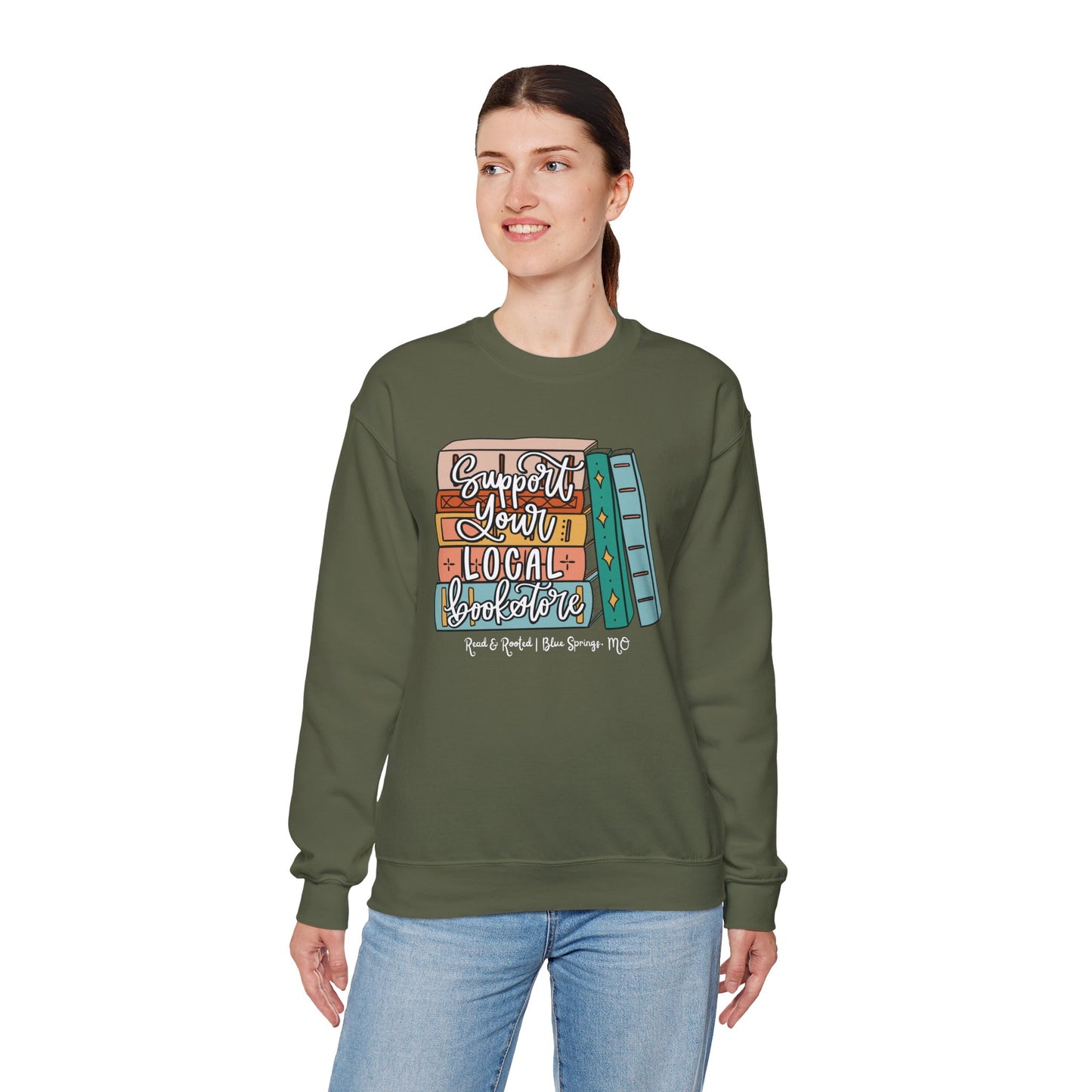 Support Your Local Bookstore Book Stack Crewneck Sweatshirt