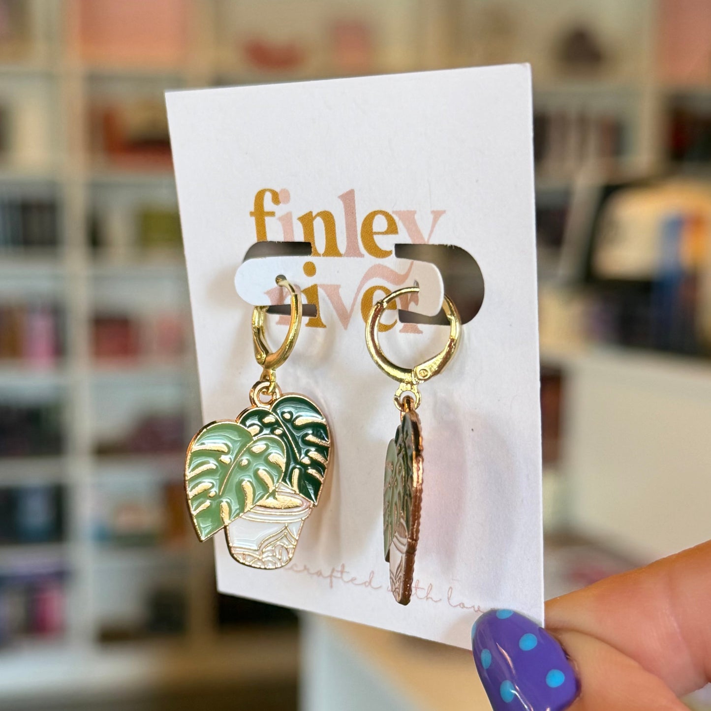 Green Monstera Huggies Earrings