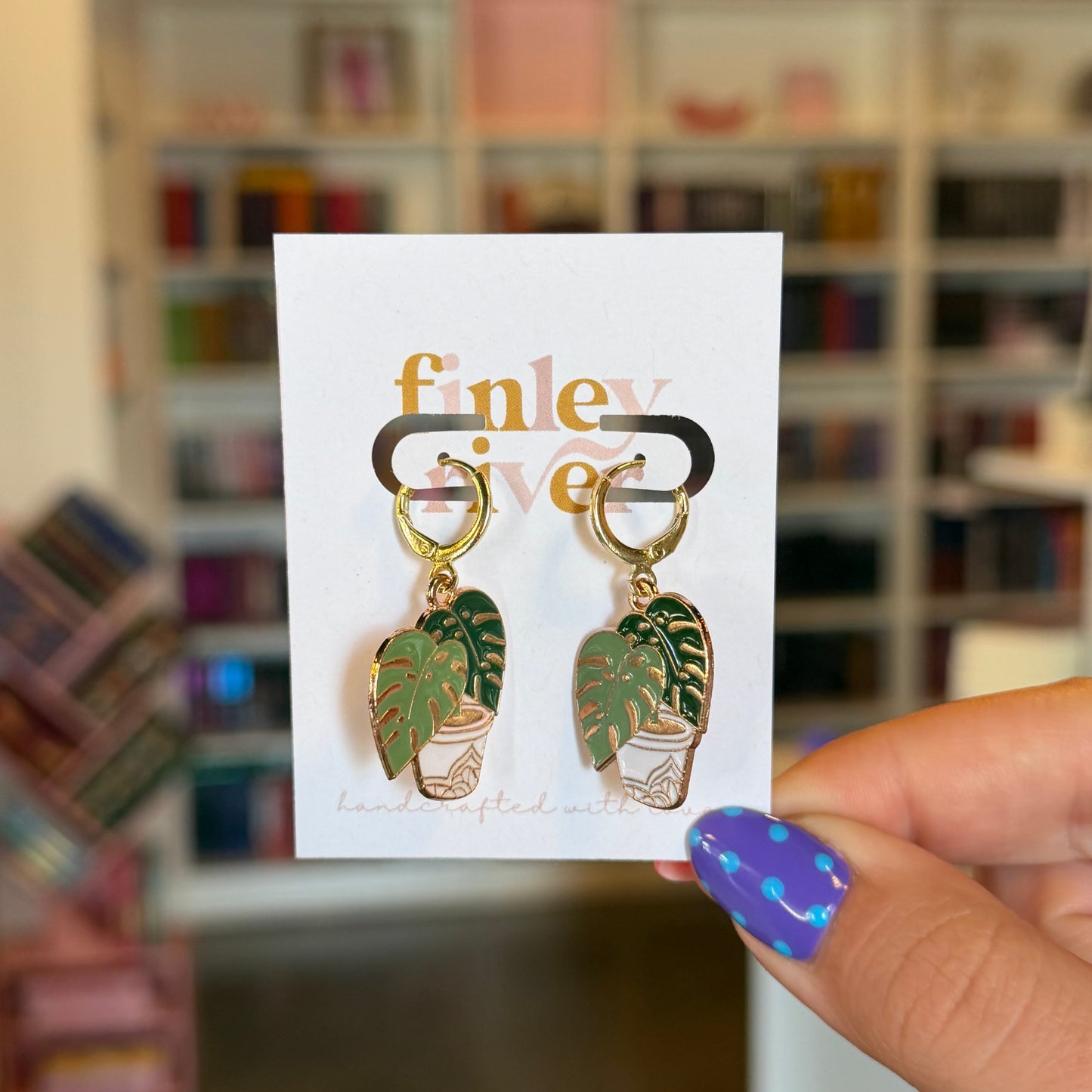 Green Monstera Huggies Earrings