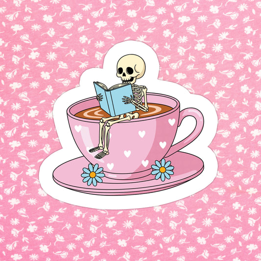 Sticker - Reading Skeleton Coffee Cup